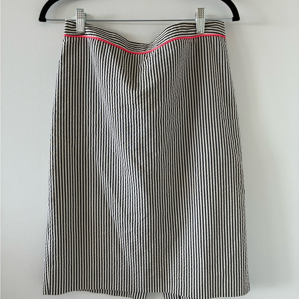 J. Crew Navy and White Striped Pencil Skirt with Pink Trim